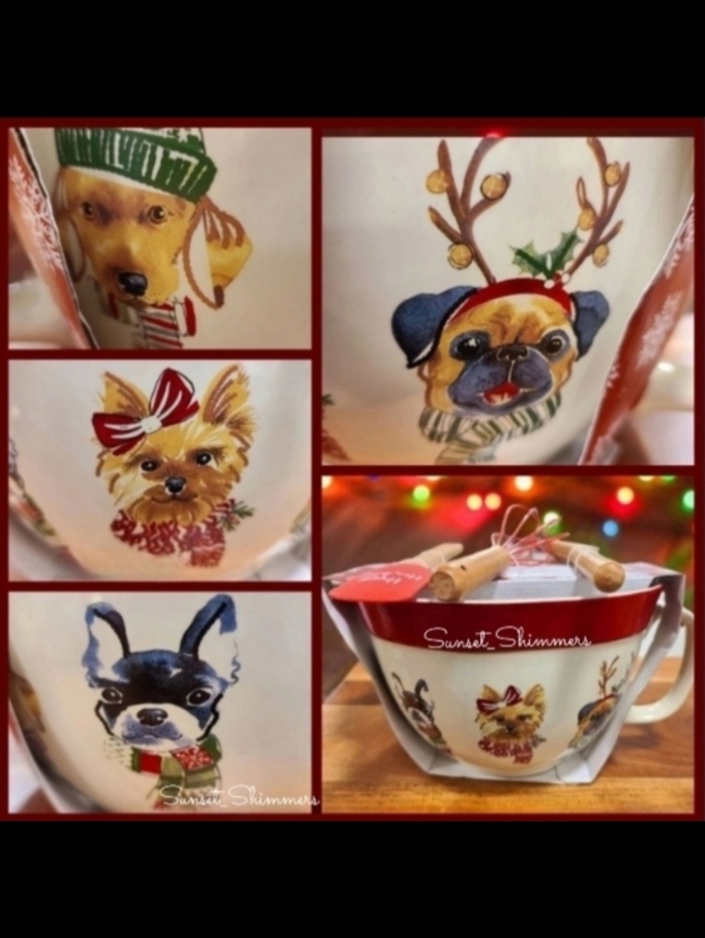 4pc Christmas Pug Boston Terrier Lab Yorkie Dog Mixing Bowl Spatula Spoon Wisk